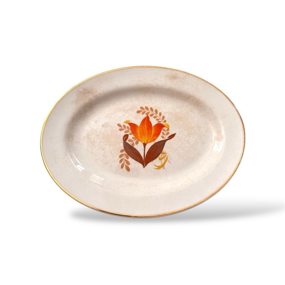Vintage Harker Pottery Bakerite Platter – 1940s Tulip Floral with 22K Gold Trim